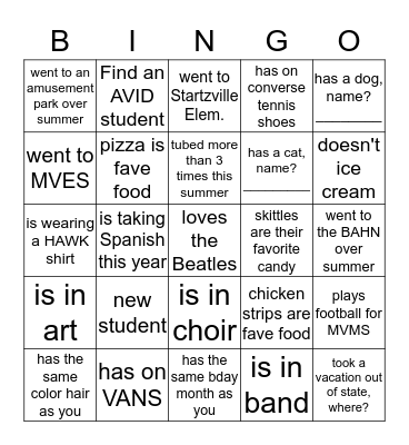 First Day ELA Get To Know Each Other BINGO Card