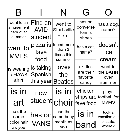 First Day ELA Get To Know Each Other BINGO Card