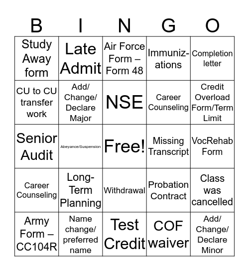 Advising BINGO Card