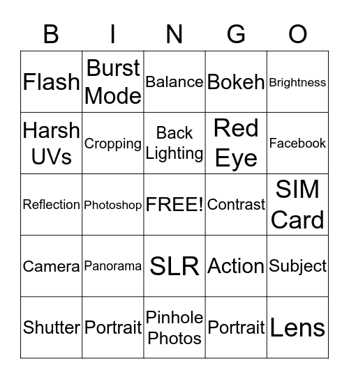 Digital Photography  Bingo Card