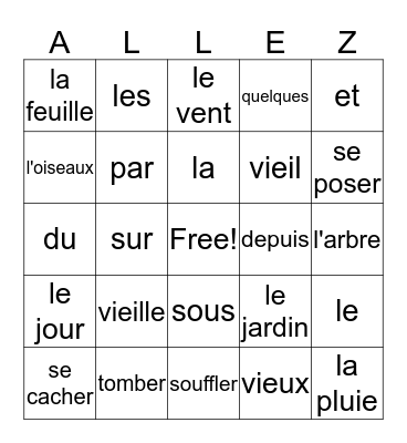 French II, Semaine II Bingo Card