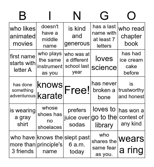 Human Scavenger Hunt- Find Someone Who... Bingo Card