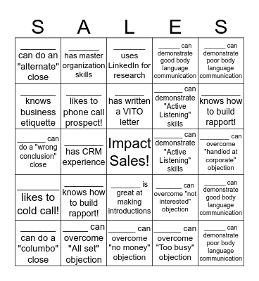 Impact Sales Competition 2019 Bingo Card