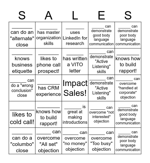 Impact Sales Competition 2019 Bingo Card