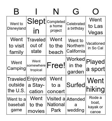 Vacation Bingo Card