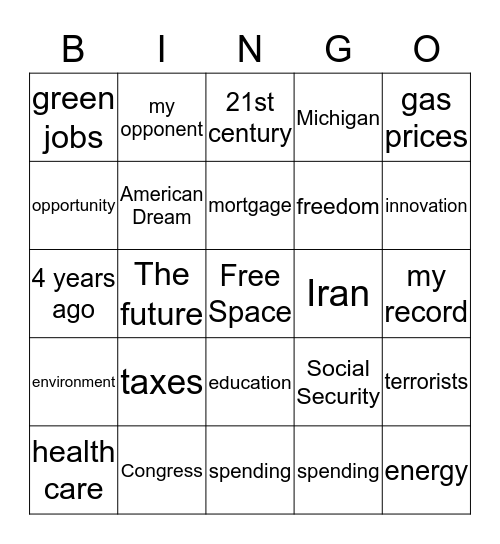 Presidential Debate Bingo Card