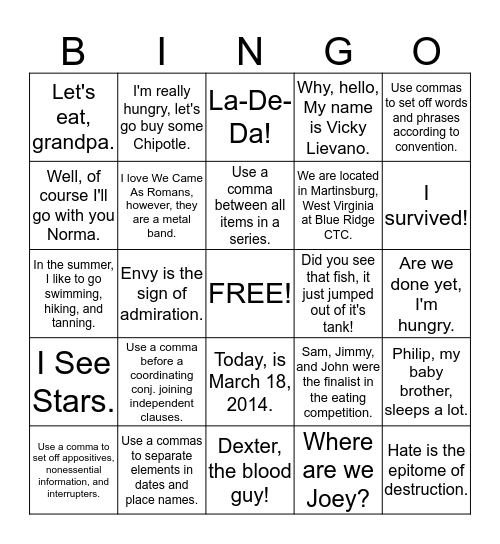 Commas Bingo Card