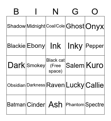 Cat Name Bingo: Black Cats Bingo Card