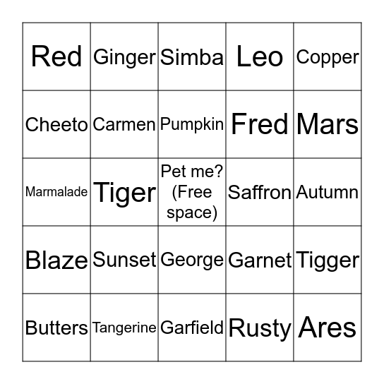 Cat name Bingo: Orange Bingo Card