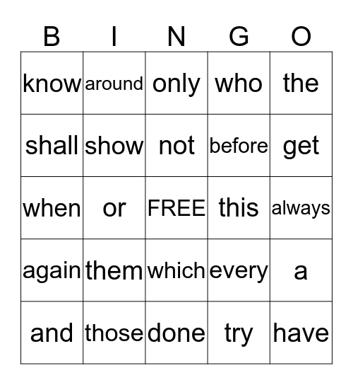 Sight Word Bingo Card