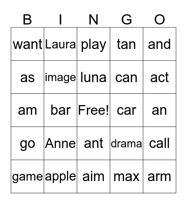 words that contain the letter A Bingo Card