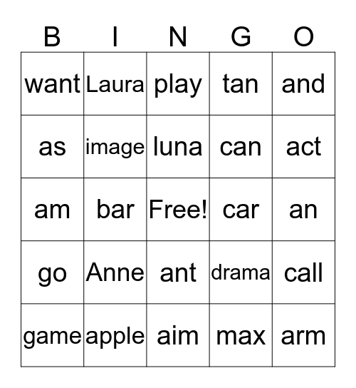 words that contain the letter A Bingo Card