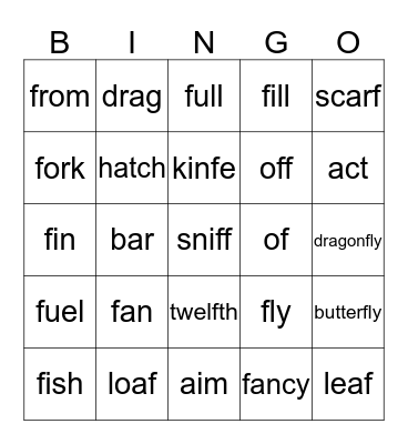 words that contain the letter F Bingo Card