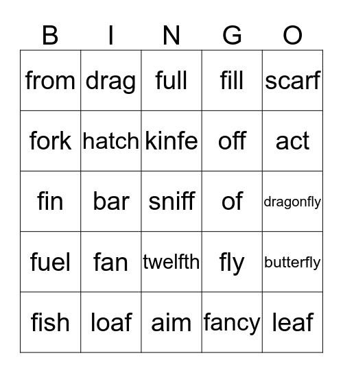 words that contain the letter F Bingo Card