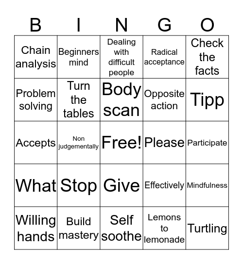 DBT bingo Card