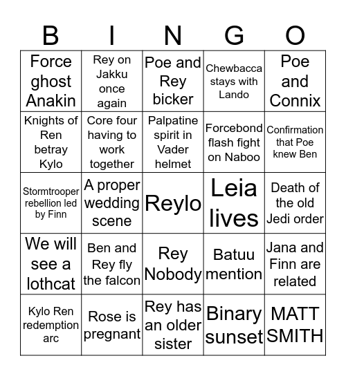 Rise of Skywalker Predictions Bingo Card