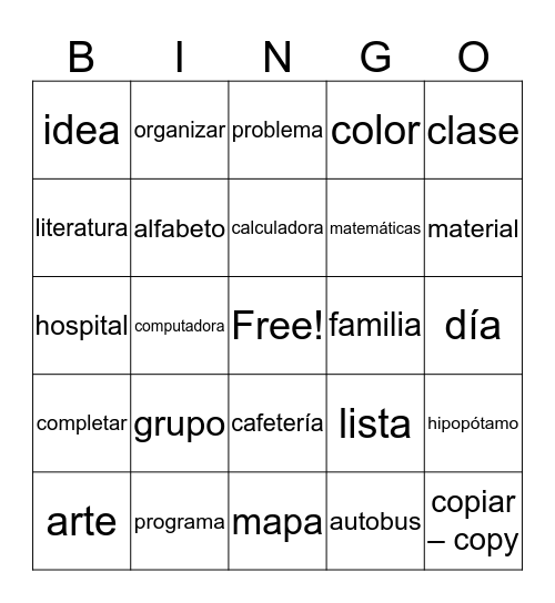 Cognate Bingo Card