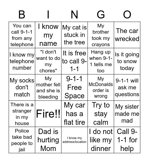 9-1-1 Bingo Card