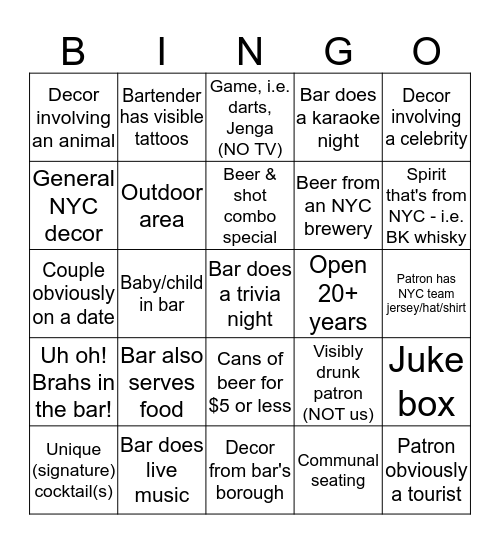 5 Borough Bar Crawl Bingo - Summer 2019  Bingo Card