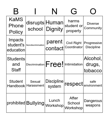 Student Rights and Responsibilities Bingo Card