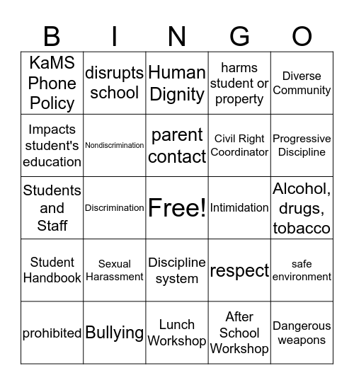 Student Rights and Responsibilities Bingo Card