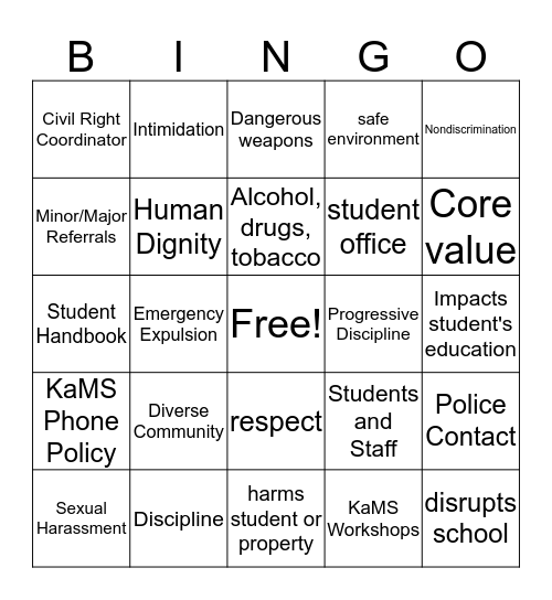 Student Rights and Responsibilities Bingo Card