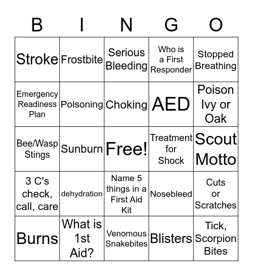 First Aid BINGO Card