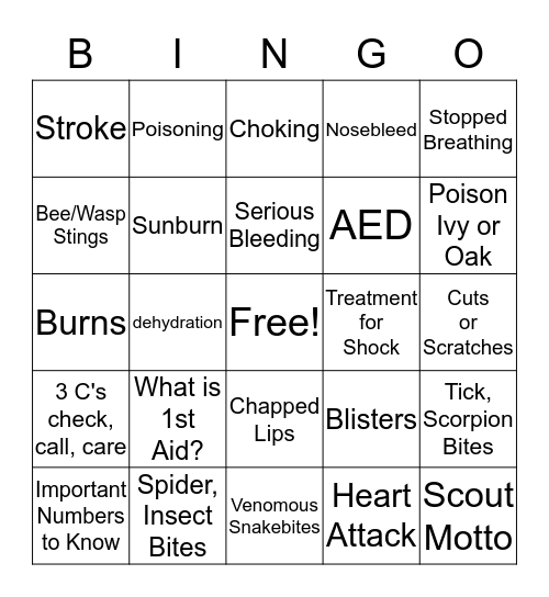 First Aid BINGO Card