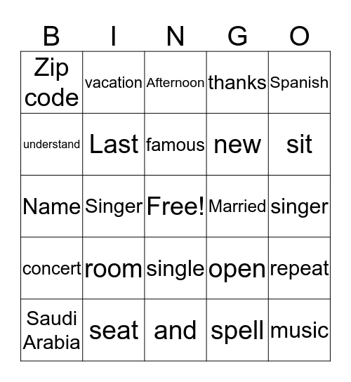 Vocabulary (chapters 1-3) Bingo Card