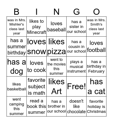 Classmate Bingo Card