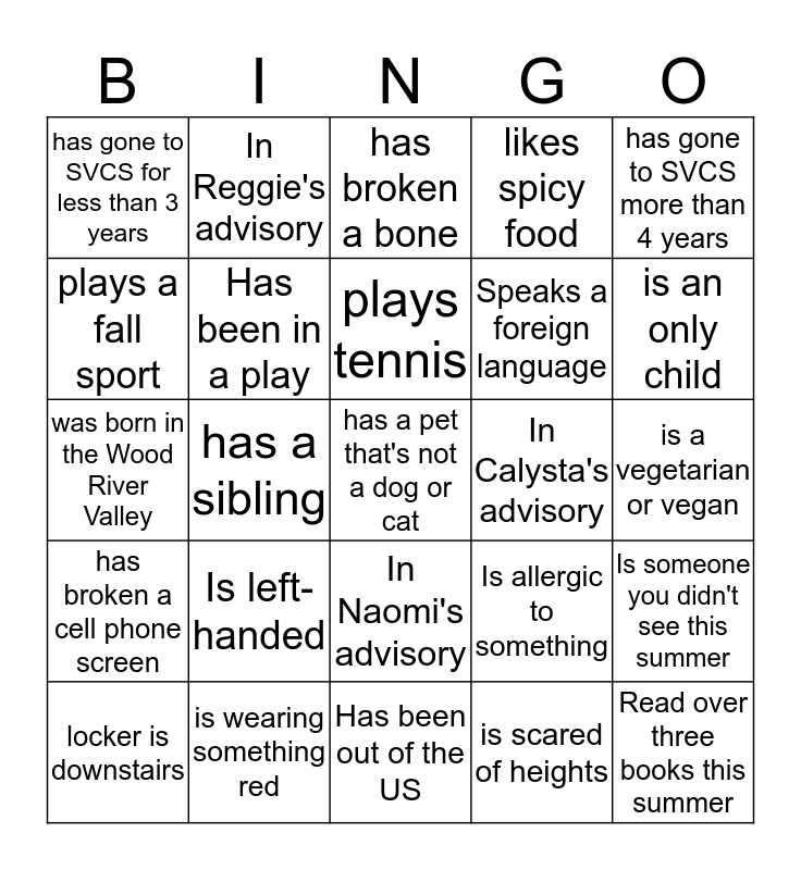 8th Grade Bingo Card