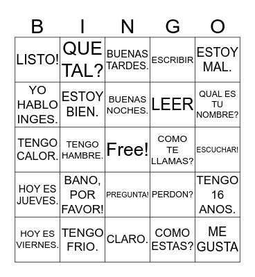 GREETINGS IN SPANISH Bingo Card