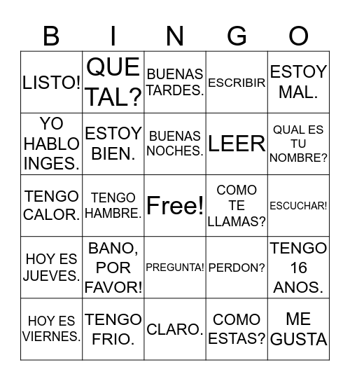 GREETINGS IN SPANISH Bingo Card