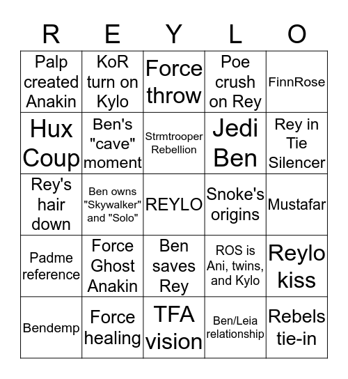 The Rise of Skywalker Bingo Card