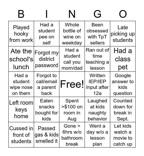 Never Have I Ever (Teacher Edition) Bingo Card