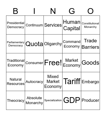 Government and Economics Bingo Card