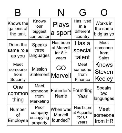 Marvell Bingo Card