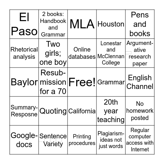 Welcome Bingo Card