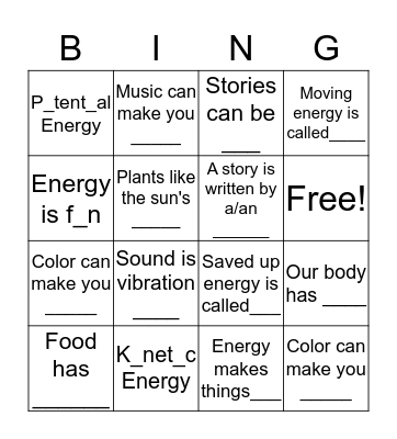 ENERGY Bingo Card