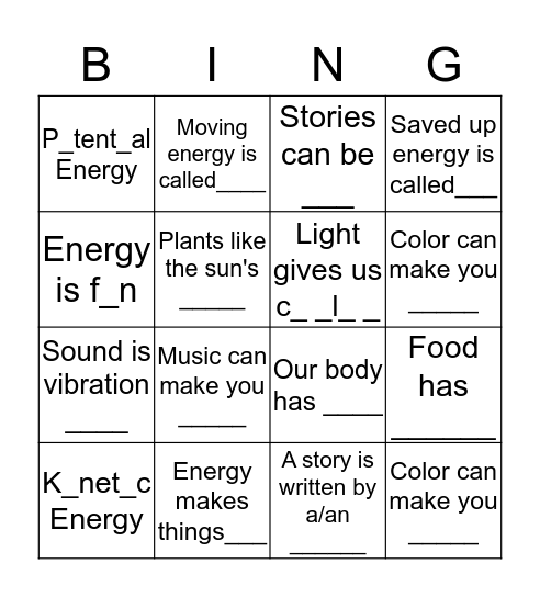 ENERGY Bingo Card