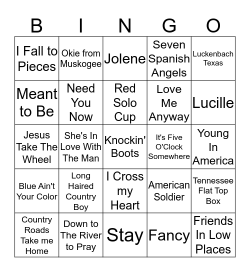 Country Music Bingo Card