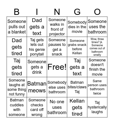 Family Movie Bingo Card