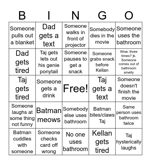 Family Movie Bingo Card