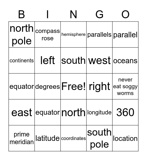 World Map Reading Vocabulary Bingo Card
