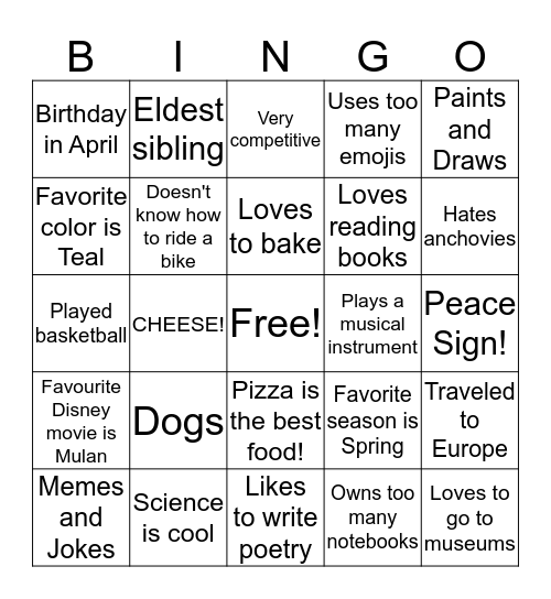 GET TO KNOW ME! Bingo Card