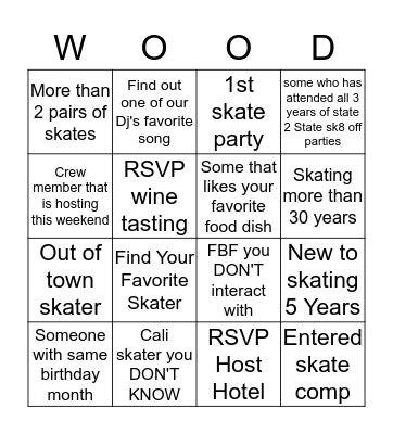 Skate Family Scavenger Hunt Bingo Card