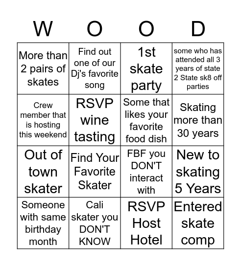 Skate Family Scavenger Hunt Bingo Card