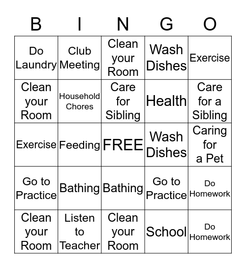 Responsibility Bingo Card