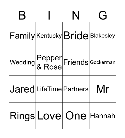 Jared & Hannah Bingo Card