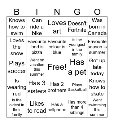 Classmate Bingo Card